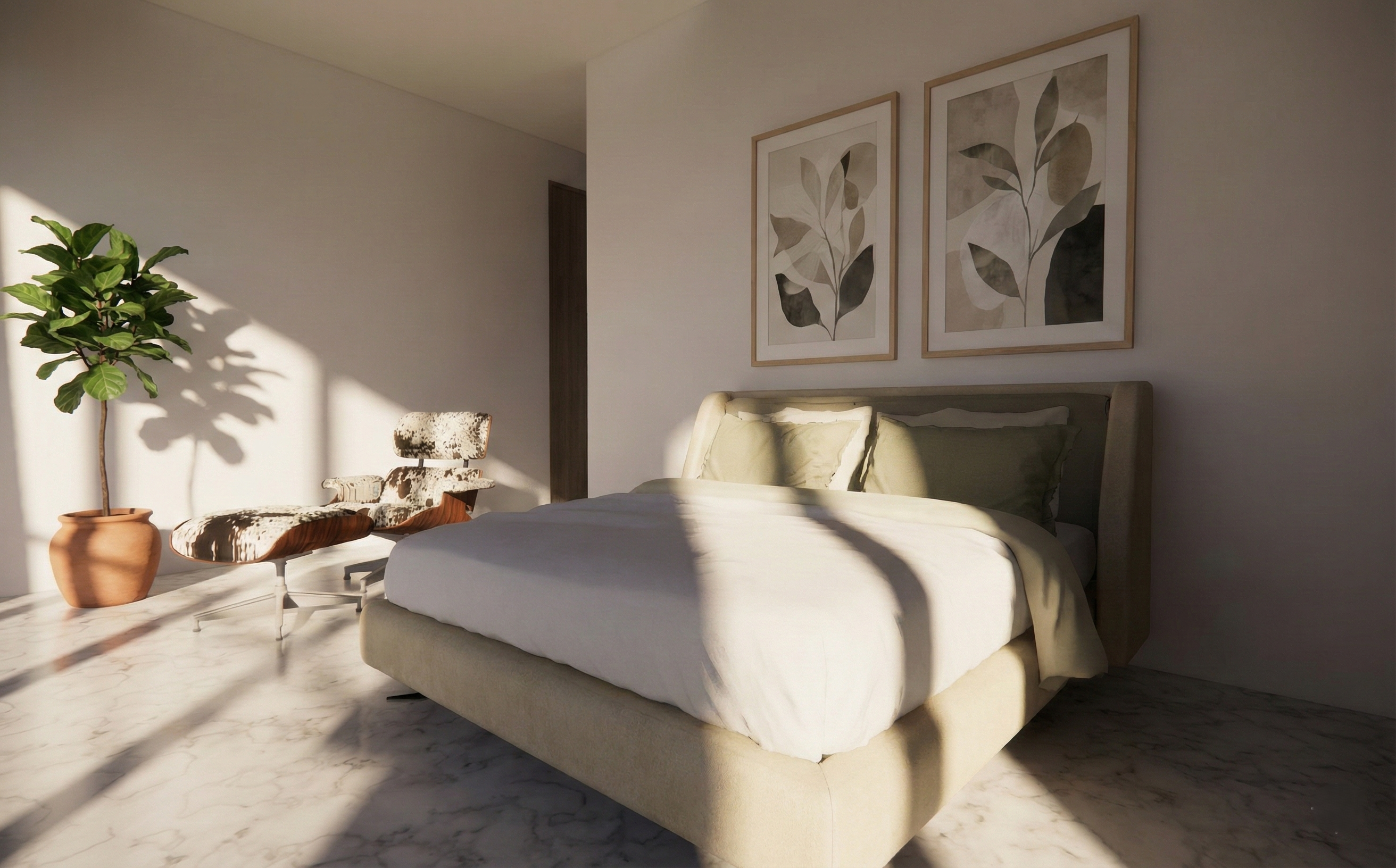Imaginary House - minimalist bedroom with botanical prints and a potted fiddle-leaf fig